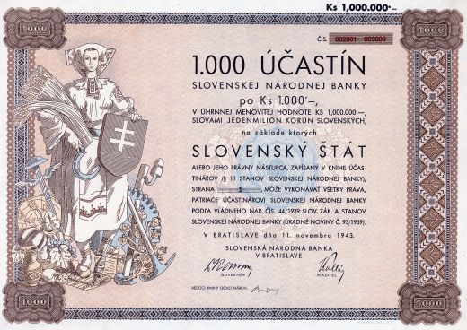 Slovenská národná banka, Bratislava - 1 000 účastín, 1943